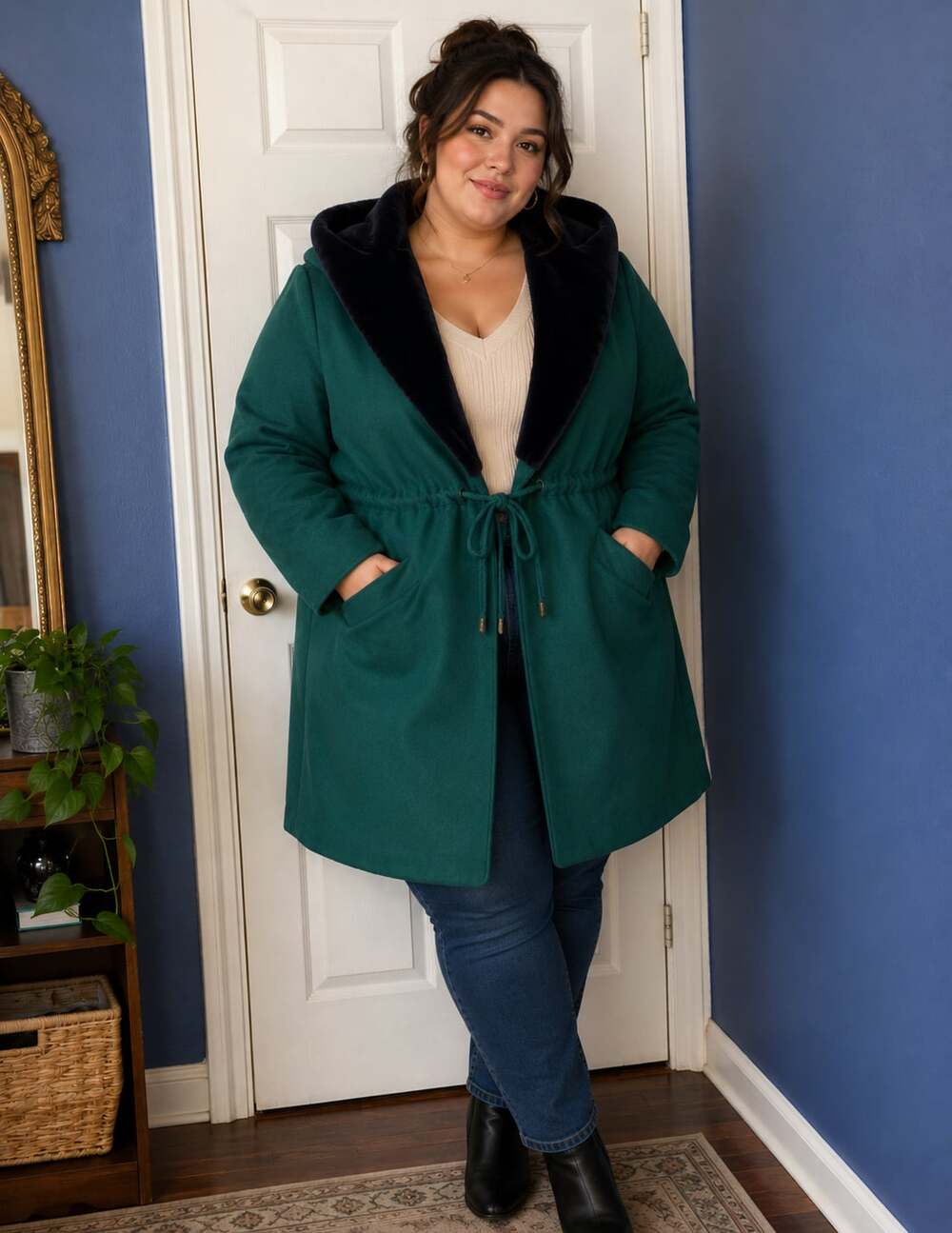 Otello Pelle Vintage Green Wool Blend Hooded Coat with Faux Fur Trim